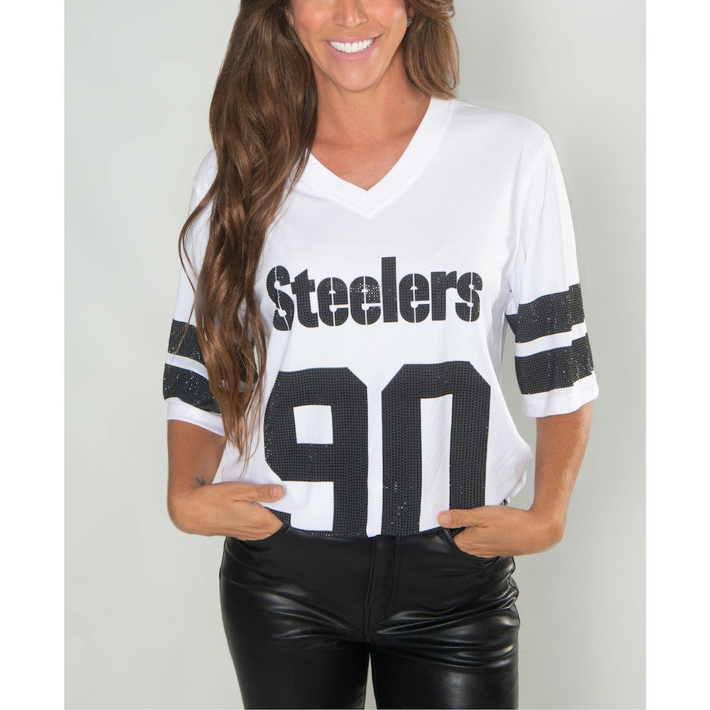 T.J. Watt Pittsburgh Steelers Cuce Women's Crystal V-Neck Tunic White | NFL