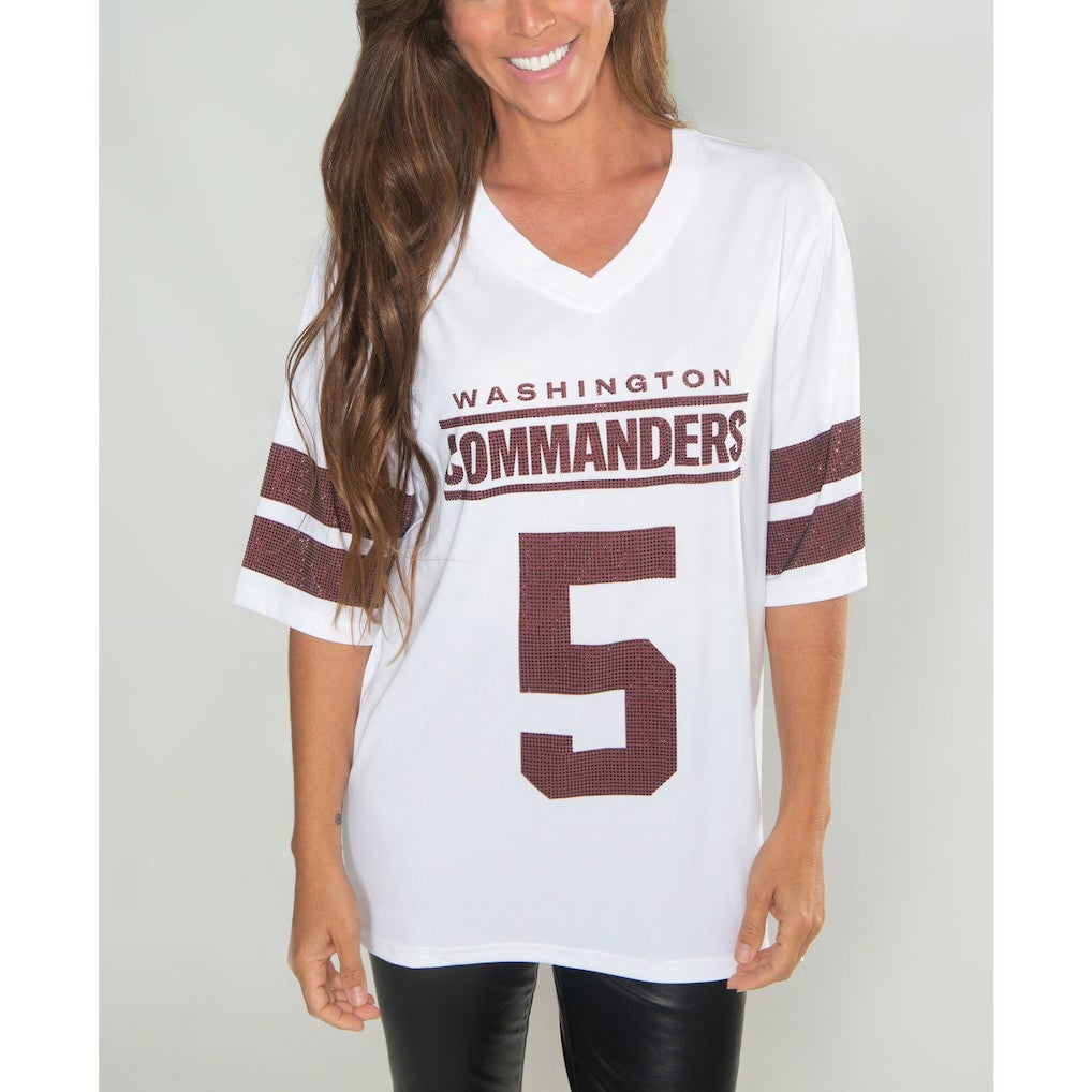 Jayden Daniels Washington Commanders Cuce Women's Crystal V-Neck Tunic White | NFL