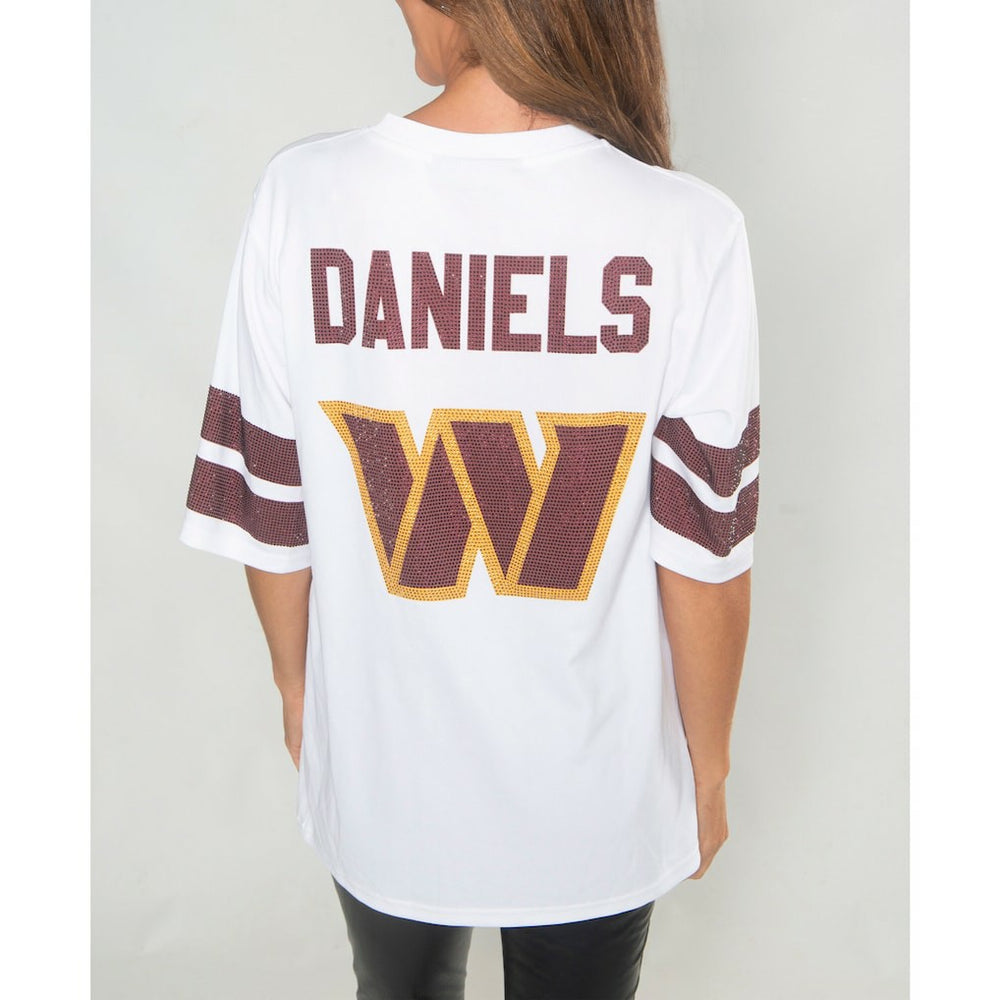 Jayden Daniels Washington Commanders Cuce Women's Crystal V-Neck Tunic White | NFL