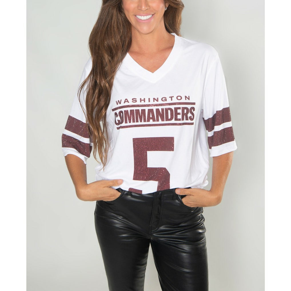 Jayden Daniels Washington Commanders Cuce Women's Crystal V-Neck Tunic White | NFL