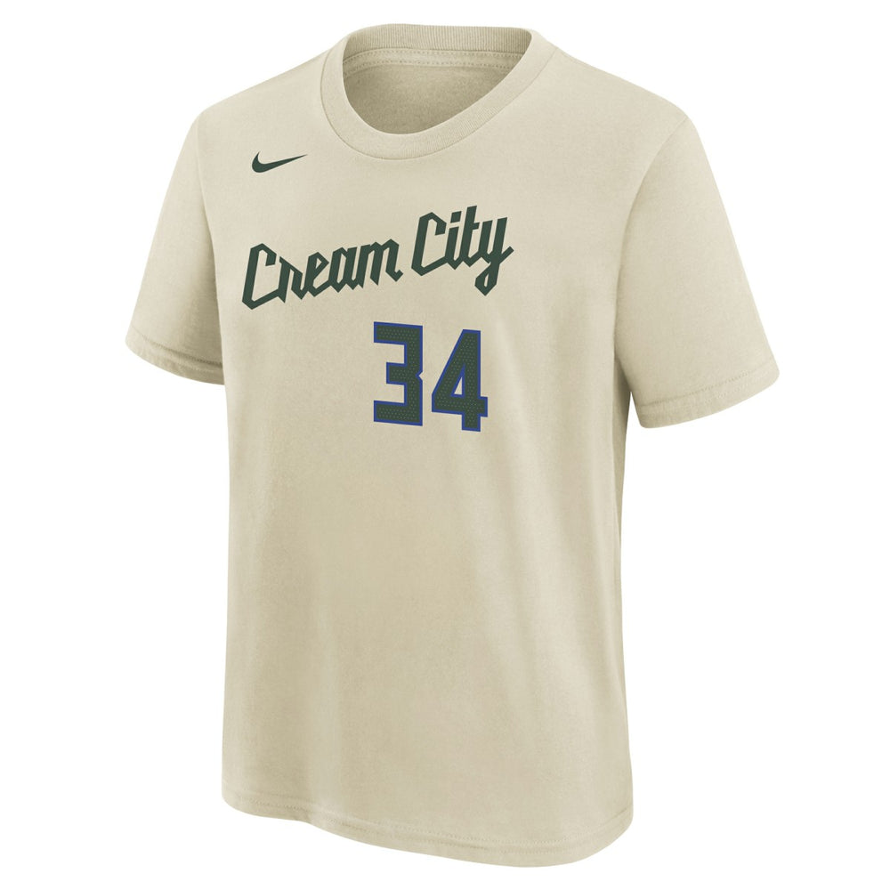 Giannis Antetokounmpo Milwaukee Bucks Youth 2025/26 City Edition Name & Number T-Shirt Cream - NBA