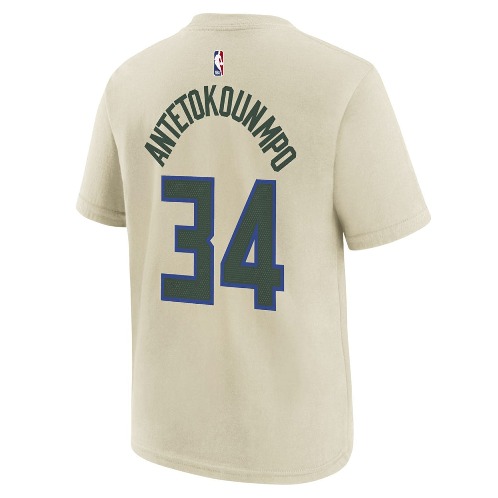 Giannis Antetokounmpo Milwaukee Bucks Youth 2025/26 City Edition Name & Number T-Shirt Cream - NBA
