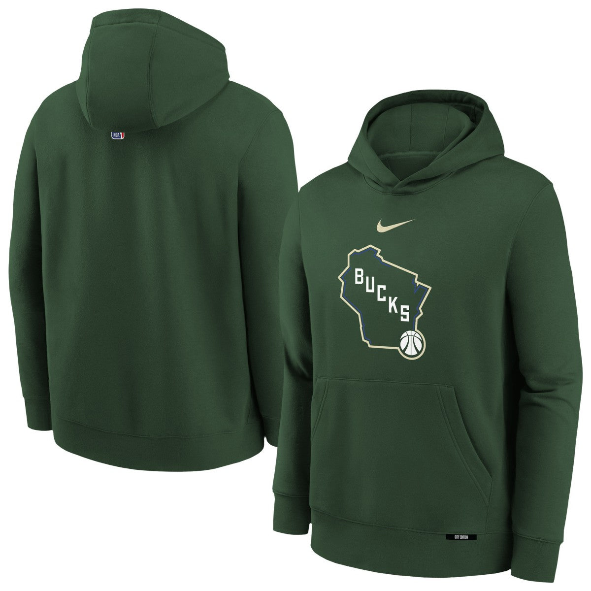 Milwaukee Bucks Youth 2025/26 City Edition Club Fleece Pullover Hoodie Hunter Green - NBA