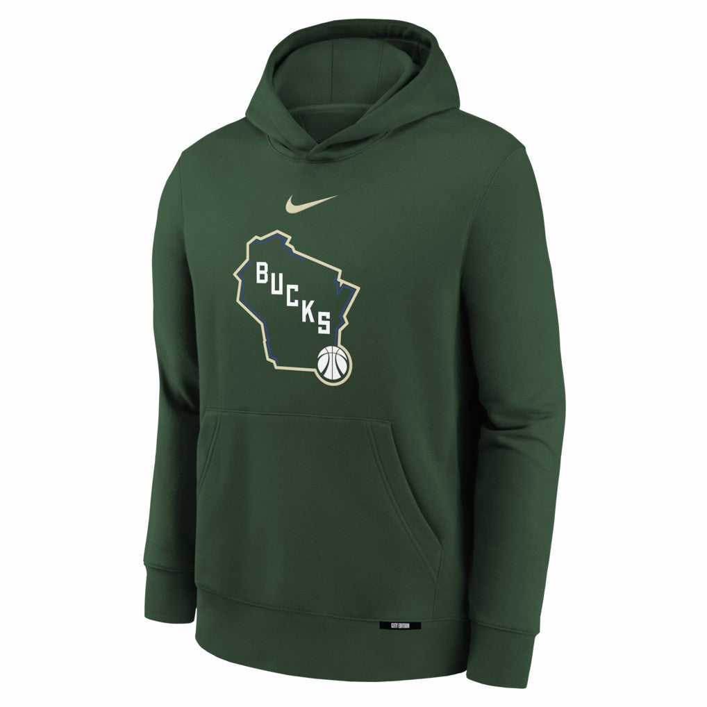Milwaukee Bucks Youth 2025/26 City Edition Club Fleece Pullover Hoodie Hunter Green - NBA