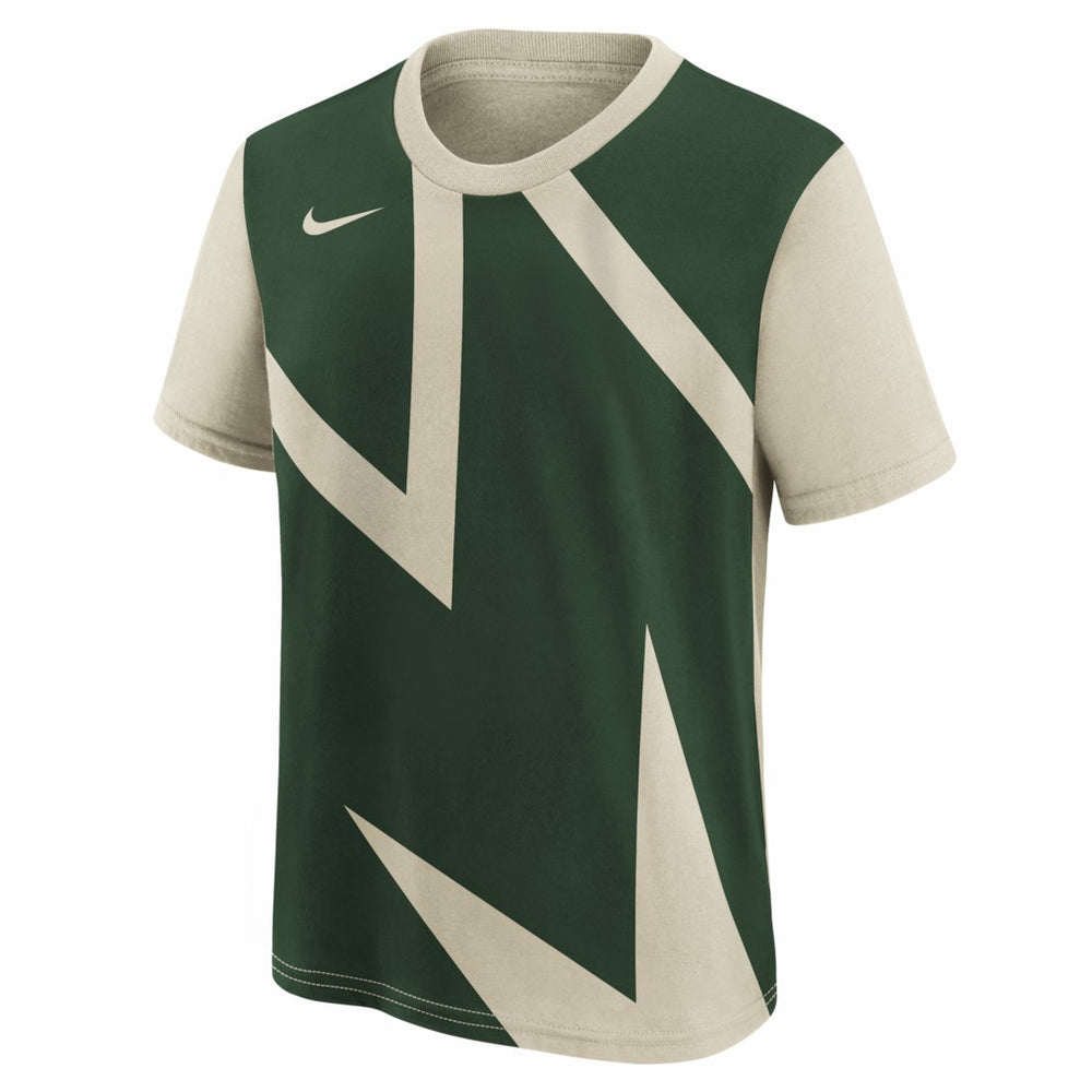 Milwaukee Bucks Youth 2025/26 City Edition Max90 T-Shirt Cream/Hunter Green - NBA