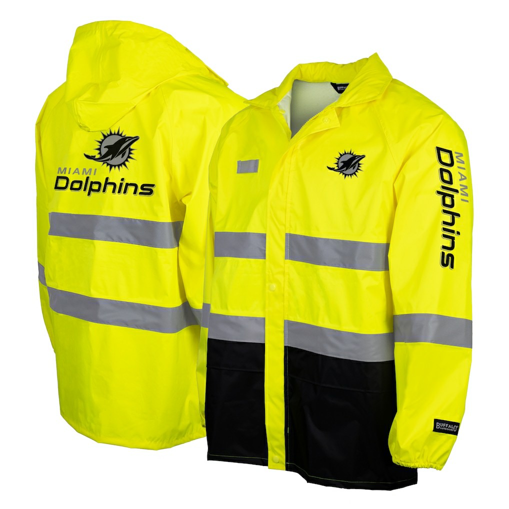 Miami Dolphins Hi-Vis Safety Waterproof Rainshell Full-Zip Hooded Jacket Yellow | NFL