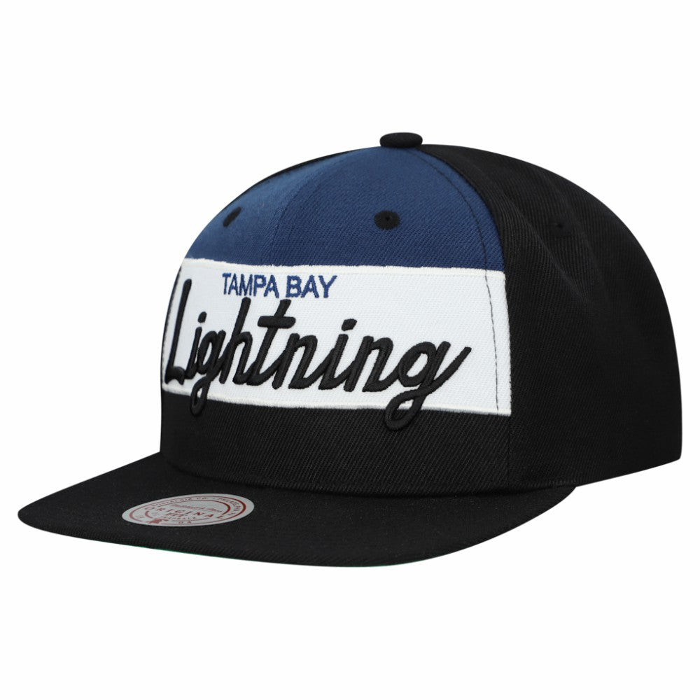 Tampa Bay Lightning Mitchell & Ness Retro Script Colorblock Snapback Hat - Black - NHL