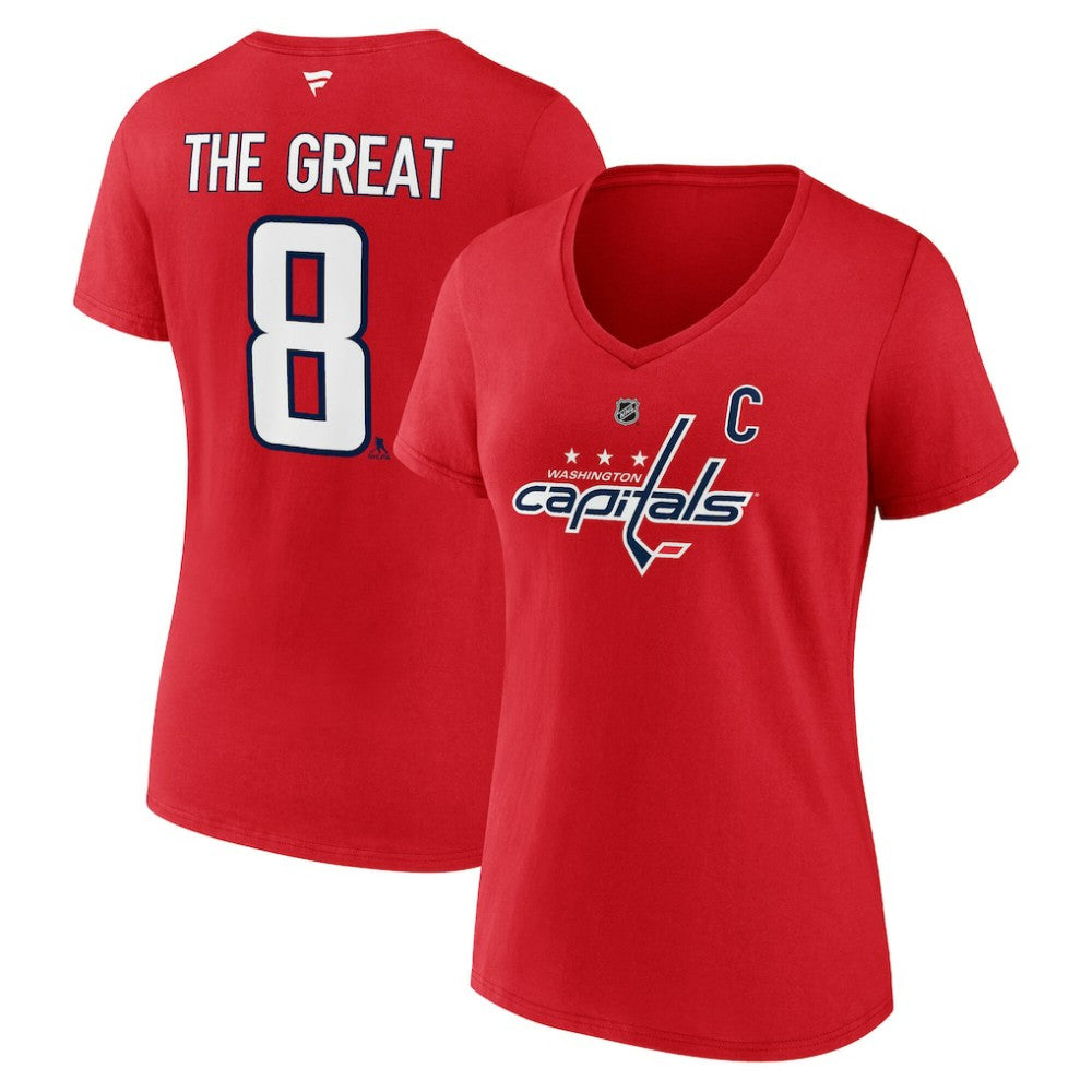 Alexander Ovechkin Washington Capitals Fanatics Women's NHL All-Time Leading Goal Scorer The Great 8 Name & Number V-Neck T-Shirt - Red - NHL