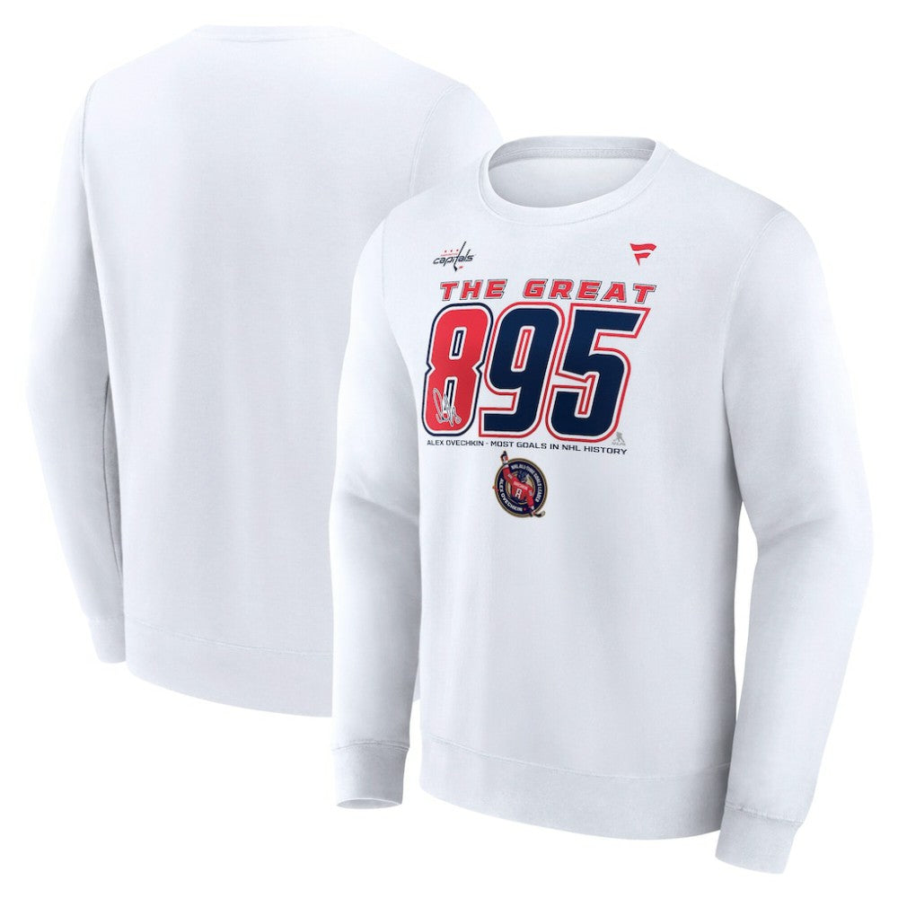 Alexander Ovechkin Washington Capitals Fanatics NHL All-Time Leading Goal Scorer The Great 895 Fleece Pullover Sweatshirt - White - NHL