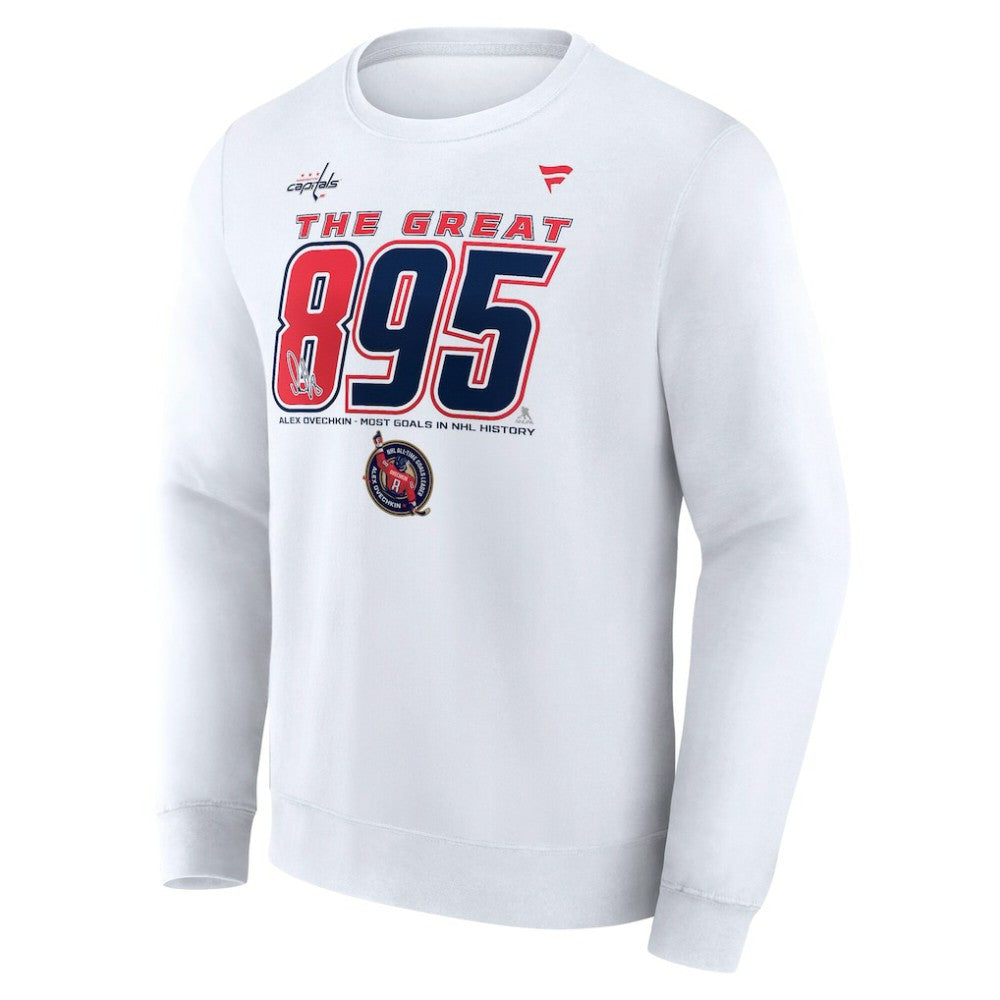 Alexander Ovechkin Washington Capitals Fanatics NHL All-Time Leading Goal Scorer The Great 895 Fleece Pullover Sweatshirt - White - NHL
