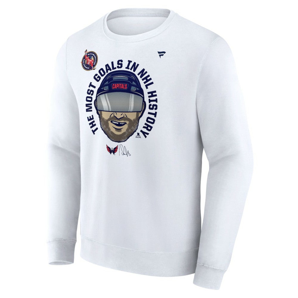 Alexander Ovechkin Washington Capitals Fanatics NHL All-Time Leading Goal Scorer GR8 Caricature Fleece Pullover Sweatshirt - White - NHL
