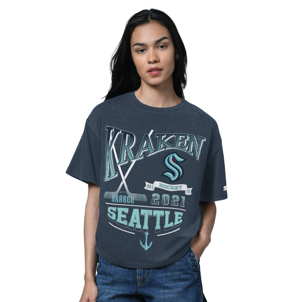 Seattle Kraken Starter Women's Oversized Hall of Fame T-Shirt - Heather Deep Sea Blue - NHL