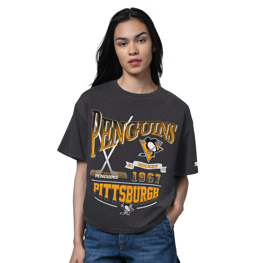 Pittsburgh Penguins Starter Women's Oversized Hall of Fame T-Shirt - Heather Black - NHL