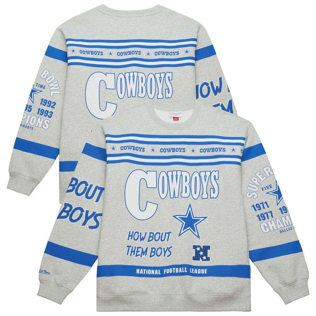 Dallas Cowboys All Over Print Retro Fleece Sweatshirt Heather Gray | Mitchell & Ness