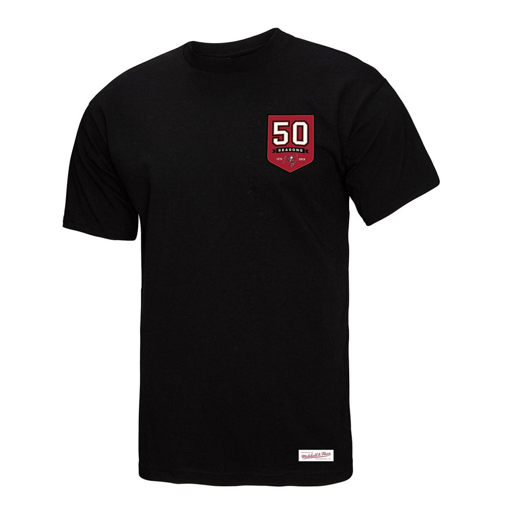 Tampa Bay Buccaneers Women's 50th Anniversary Shield Oversized Boyfriend T-Shirt Black | Mitchell & Ness