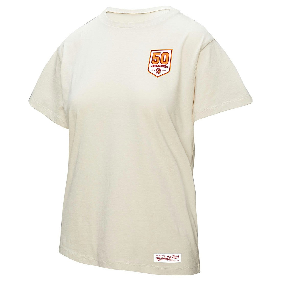 Tampa Bay Buccaneers Women's 50th Season Pirate Oversized Boyfriend T-Shirt Cream | Mitchell & Ness