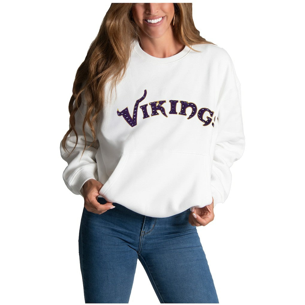 Minnesota Vikings Cuce Women's Chenille Jeweled Sweatshirt White | NFL