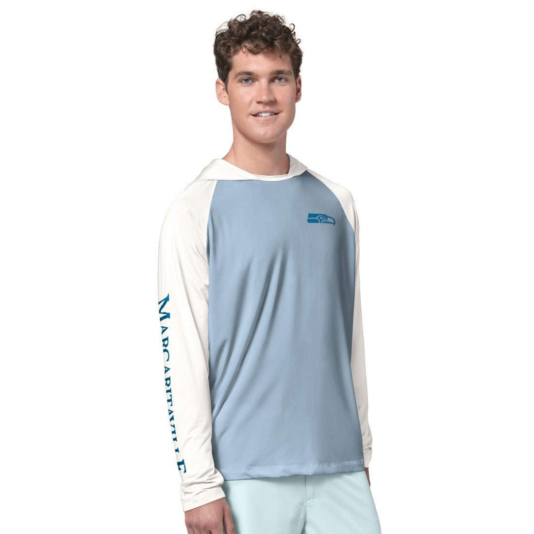 Seattle Seahawks Margaritaville Sand, Sea, Sunsets Long-Sleeve Rashguard Hoodie Pullover -Light Blue/Cream | NFL