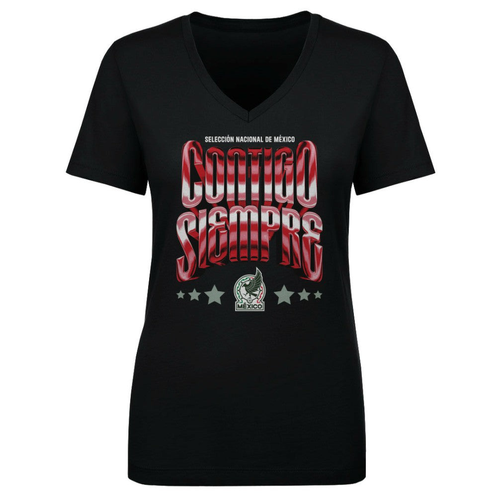 Mexico National Team 500 Level Women's Contigo Siempre Vintage V-Neck T-Shirt Black - FIFA World CUP