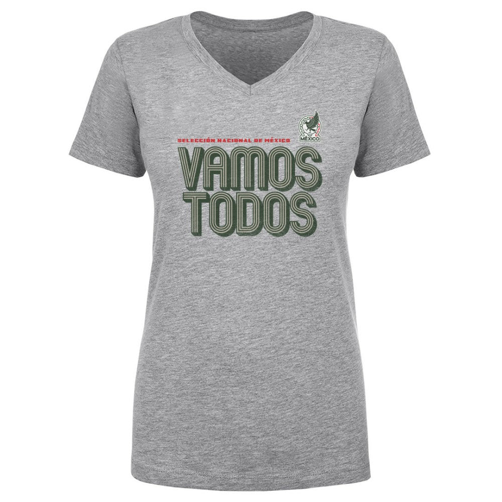 Mexico National Team 500 Level Women's Vamos Todos Inline Bold V-Neck T-Shirt Heather Gray - FIFA World CUP
