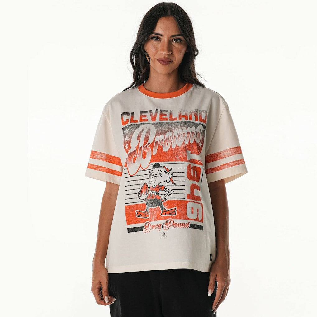 Cleveland Browns The Wild Collective Women's Vintage Drop Shoulder Oversized Boyfriend T-Shirt Cream | NFL