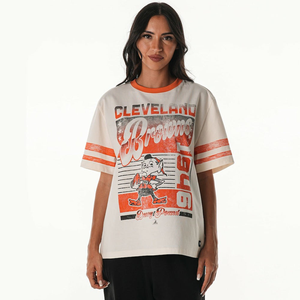 Cleveland Browns The Wild Collective Women's Vintage Drop Shoulder Oversized Boyfriend T-Shirt Cream | NFL