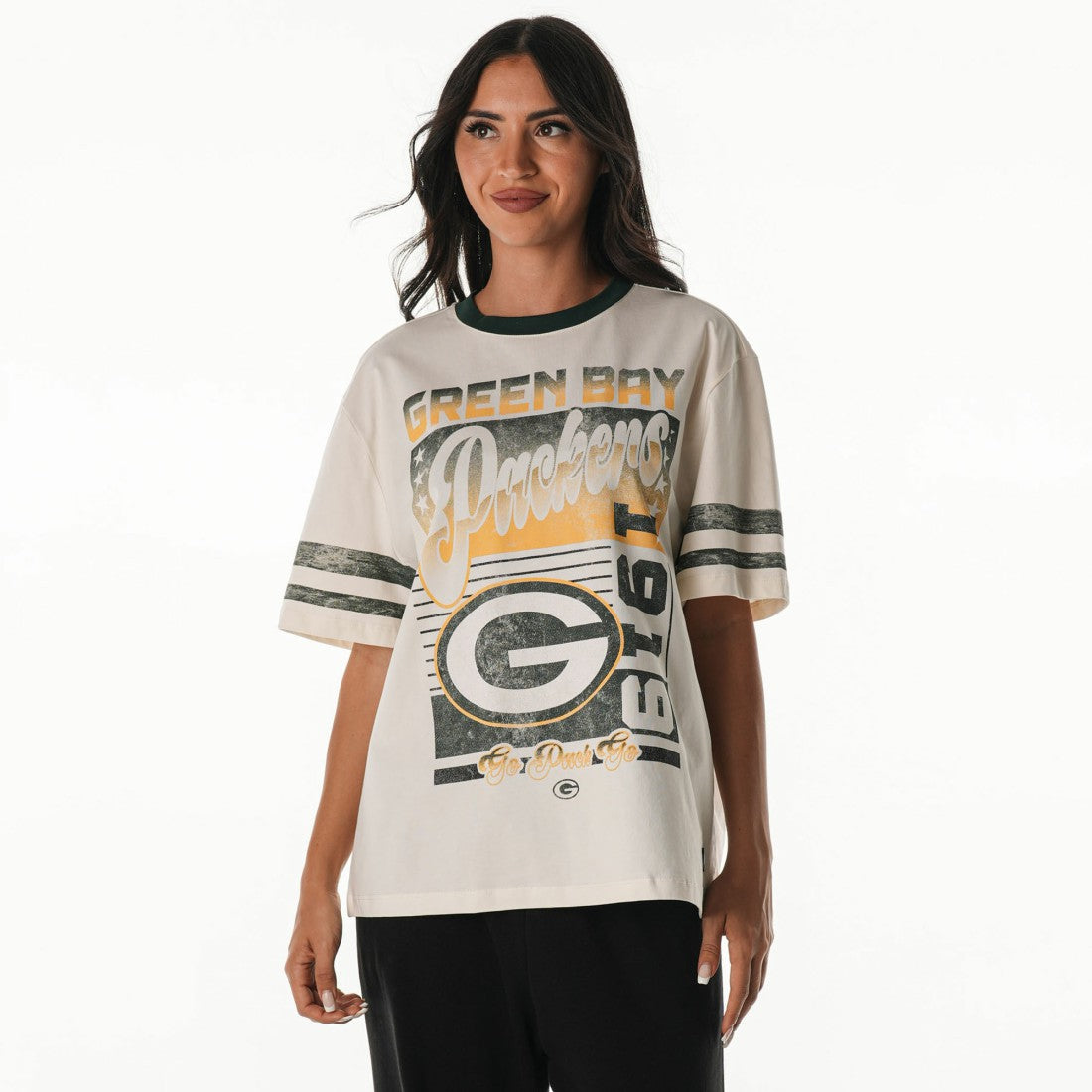 Green Bay Packers The Wild Collective Women's Vintage Drop Shoulder Oversized Boyfriend T-Shirt Cream | NFL