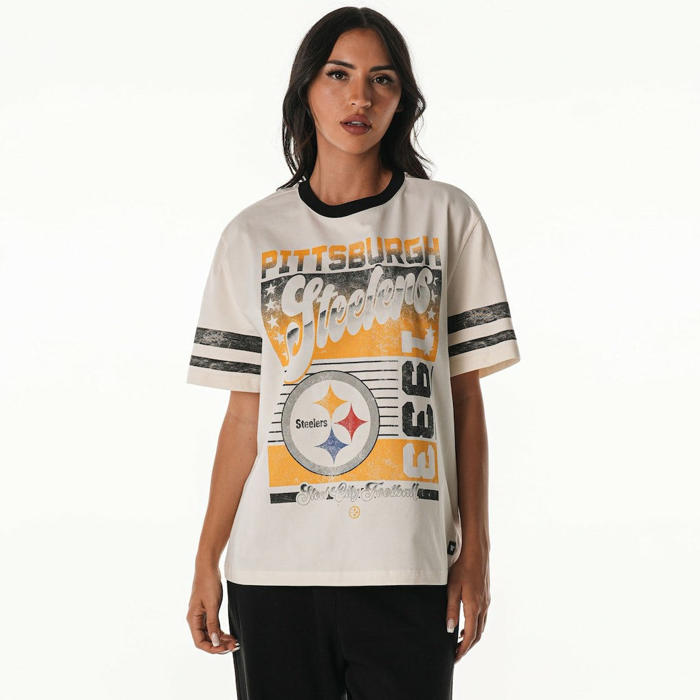 Pittsburgh Steelers The Wild Collective Women's Vintage Drop Shoulder Oversized Boyfriend T-Shirt Cream | NFL
