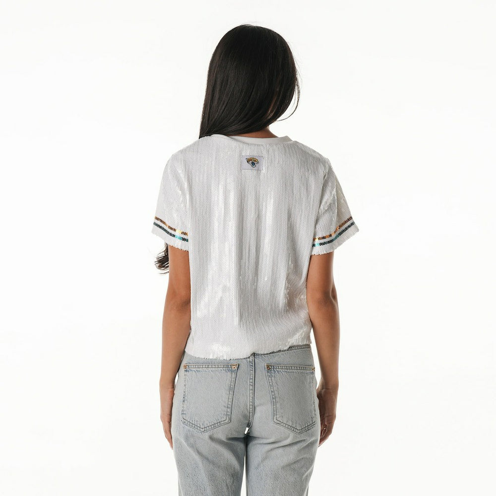Jacksonville Jaguars The Wild Collective Women's Rhinestone Sequin Cropped T-Shirt White | NFL