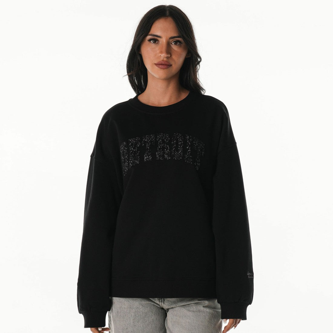 Detroit Lions The Wild Collective Women's Rock Crystal Oversized Crewneck Sweatshirt Black | NFL