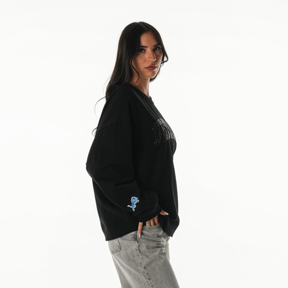 Detroit Lions The Wild Collective Women's Rock Crystal Oversized Crewneck Sweatshirt Black | NFL
