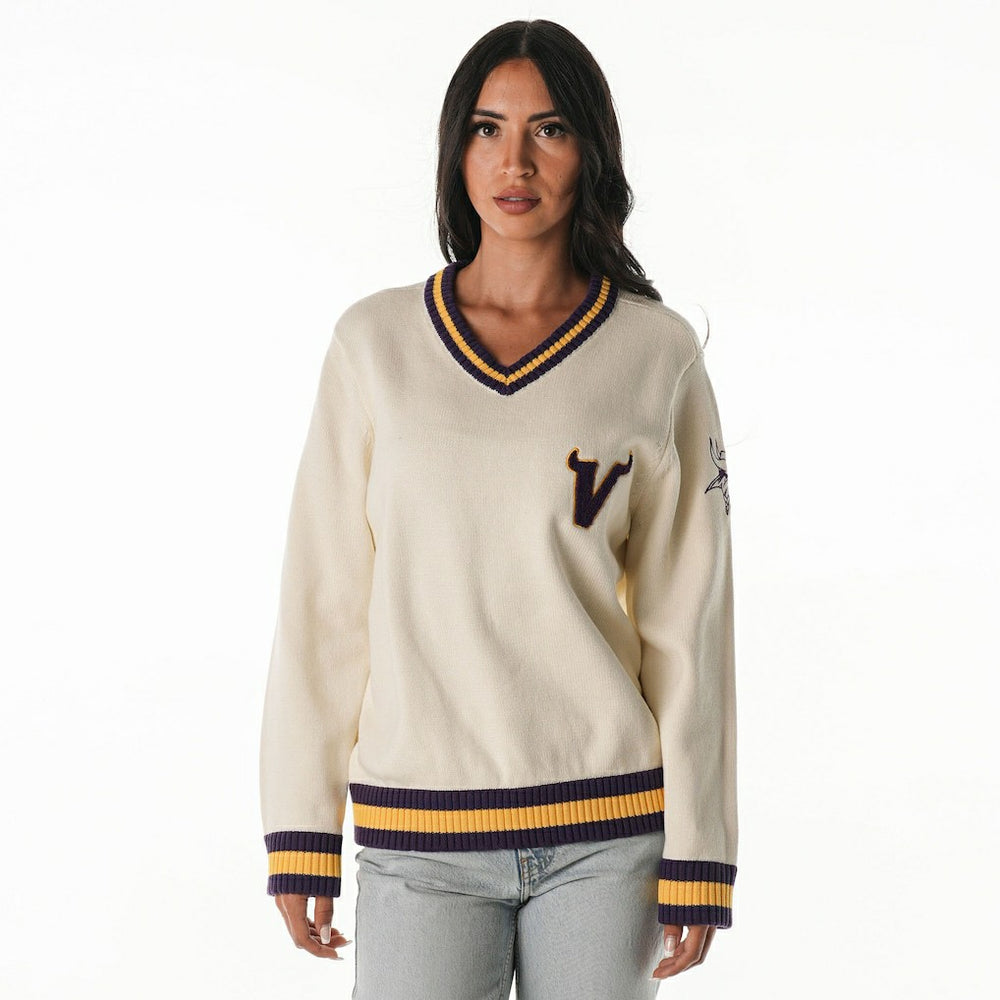 Minnesota Vikings The Wild Collective Women's Jacquard V-Neck Sweater Cream | NFL