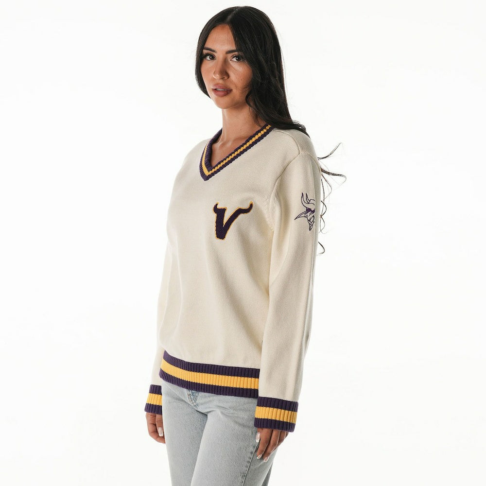 Minnesota Vikings The Wild Collective Women's Jacquard V-Neck Sweater Cream | NFL