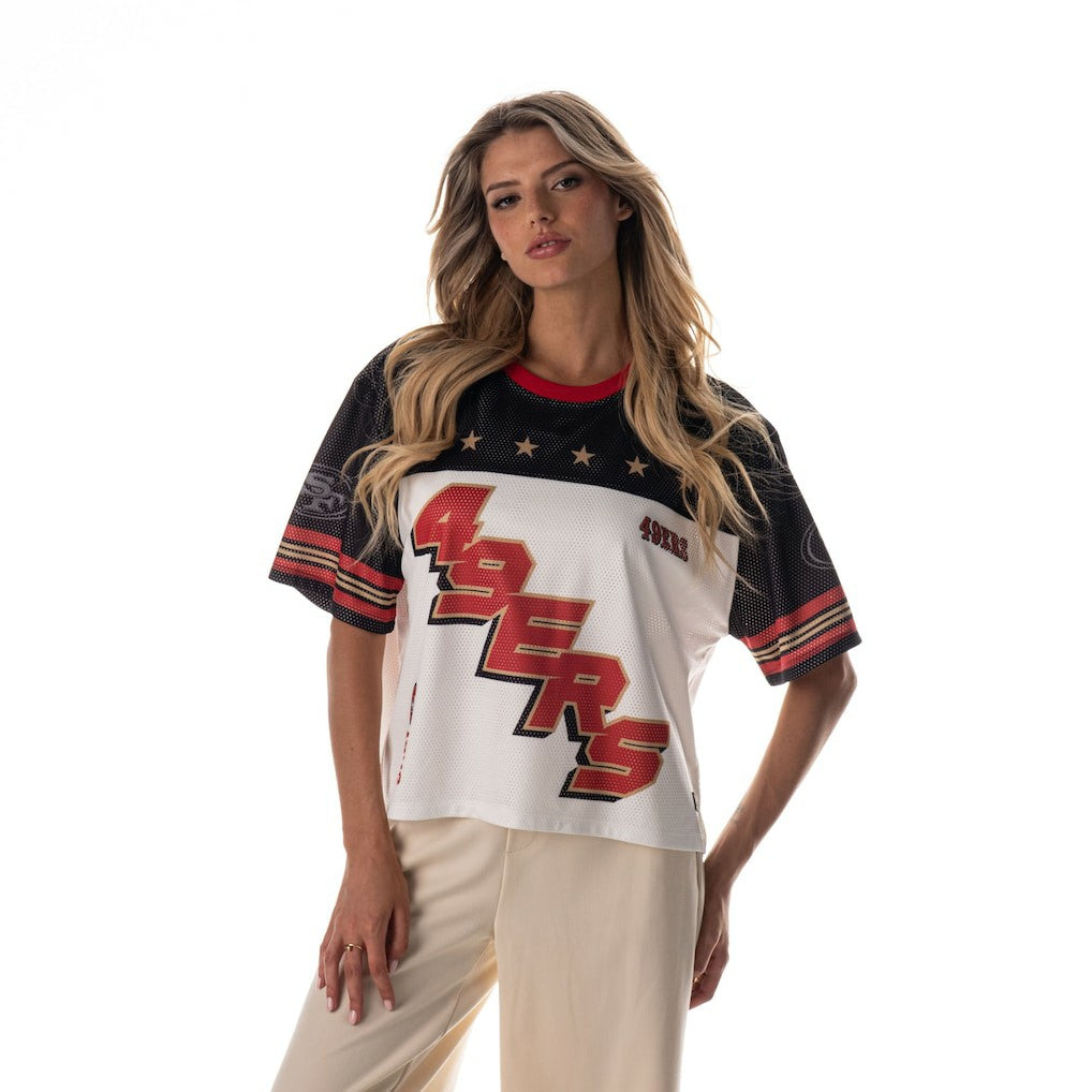 San Francisco 49ers The Wild Collective Women's Boxy Cropped Mesh T-Shirt White | NFL