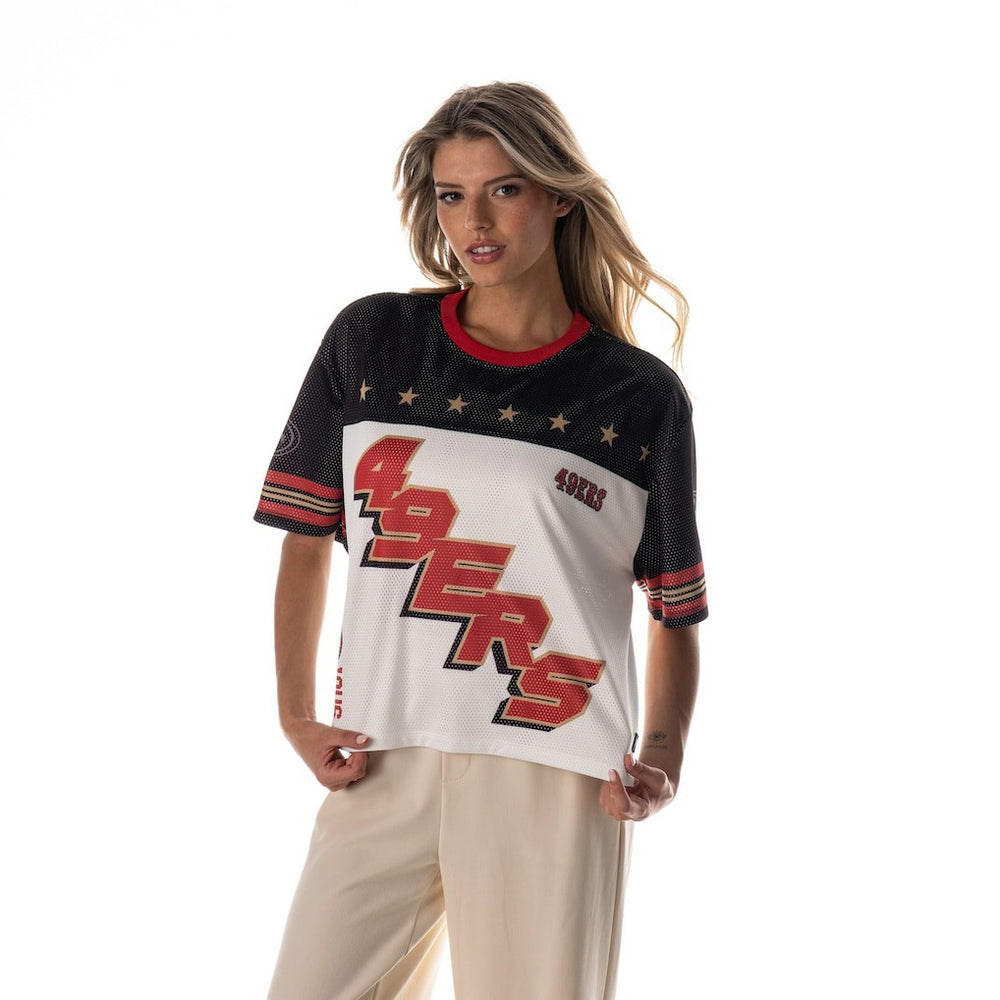 San Francisco 49ers The Wild Collective Women's Boxy Cropped Mesh T-Shirt White | NFL