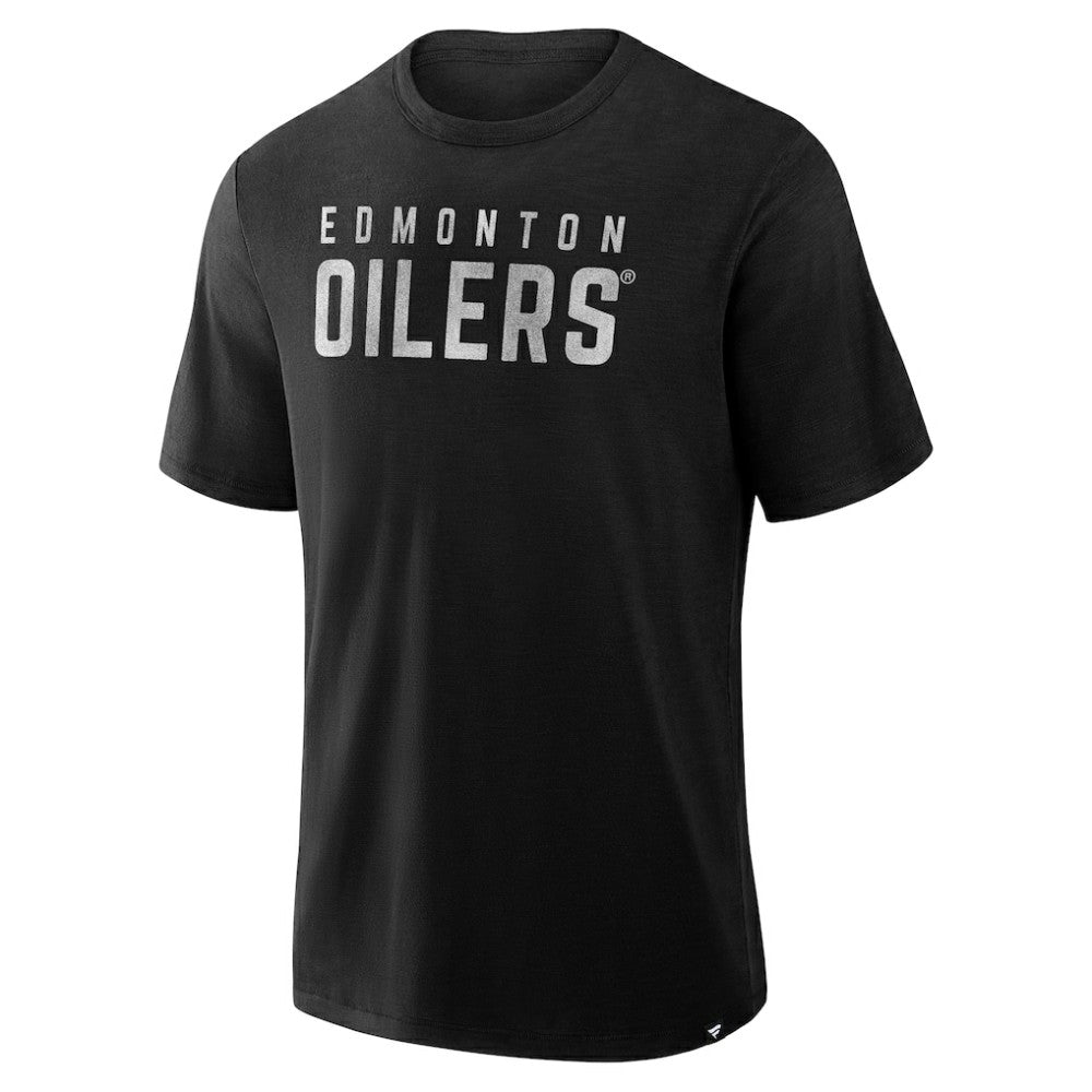 Edmonton Oilers Fanatics Play Distressed Wordmark Stadium Slub T-Shirt - Black - NHL