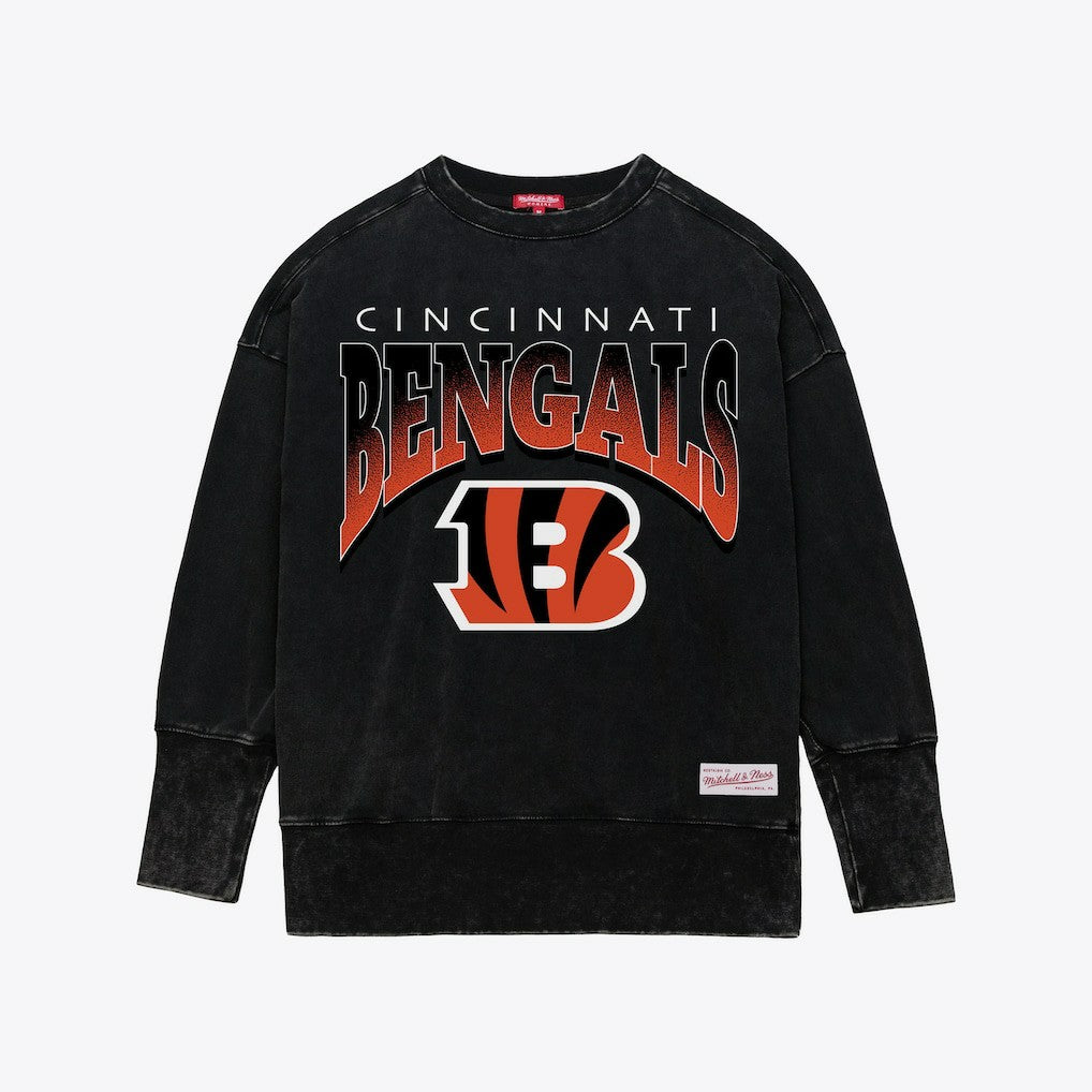 Cincinnati Bengals Women's Delineate Mineral Wash Crewneck Sweatshirt Black | Mitchell & Ness