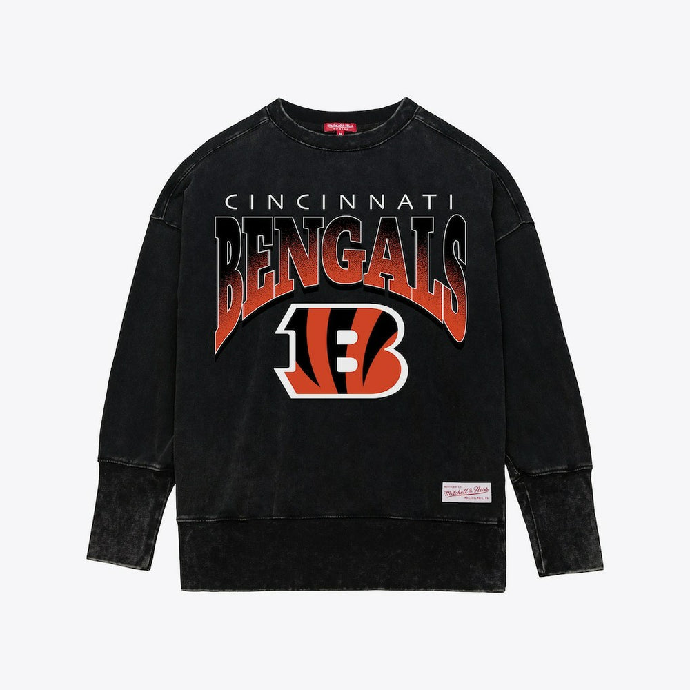 Cincinnati Bengals Women's Delineate Mineral Wash Crewneck Sweatshirt Black | Mitchell & Ness