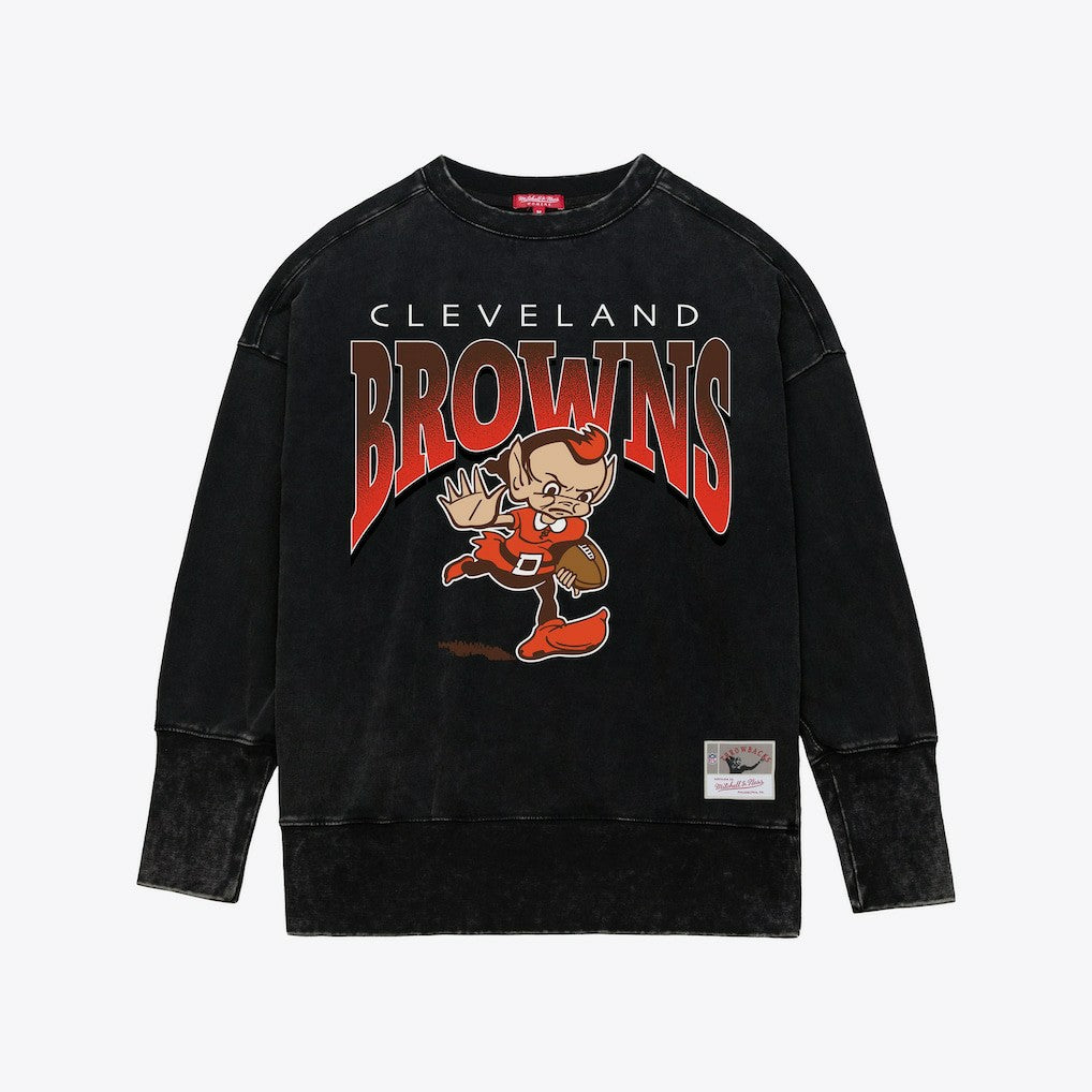 Cleveland Browns Women's Delineate Mineral Wash Crewneck Sweatshirt Black | Mitchell & Ness
