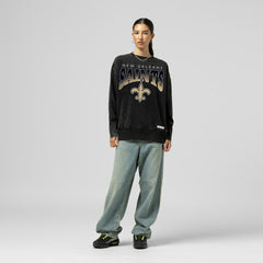 New Orleans Saints Women's Delineate Mineral Wash Crewneck Sweatshirt Black | Mitchell & Ness