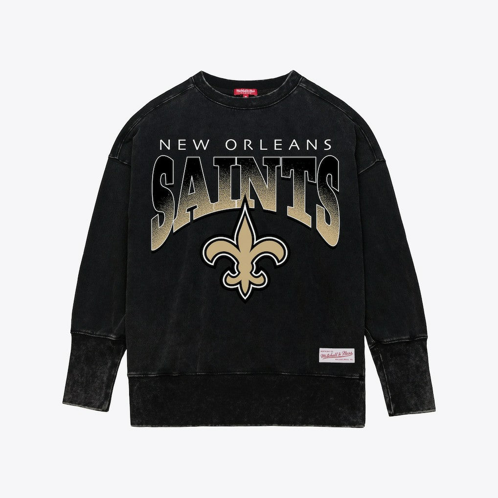 New Orleans Saints Women's Delineate Mineral Wash Crewneck Sweatshirt Black | Mitchell & Ness
