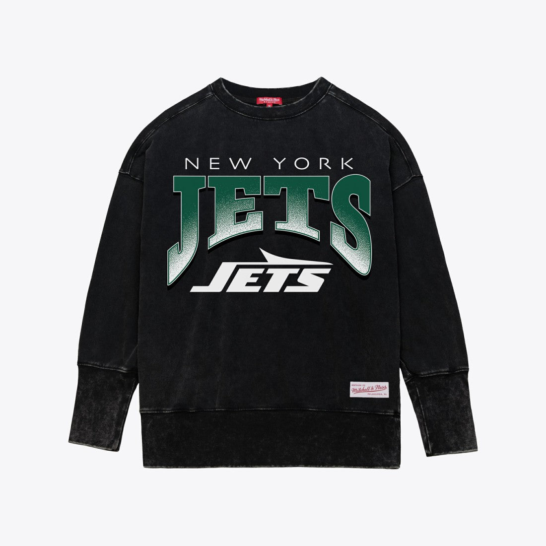 New York Jets Women's Delineate Mineral Wash Crewneck Sweatshirt Black | Mitchell & Ness