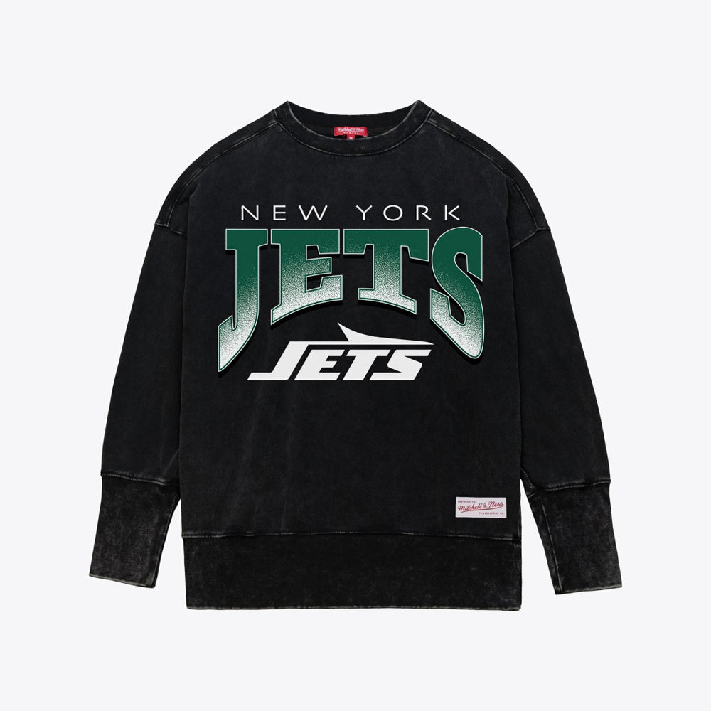 New York Jets Women's Delineate Mineral Wash Crewneck Sweatshirt Black | Mitchell & Ness