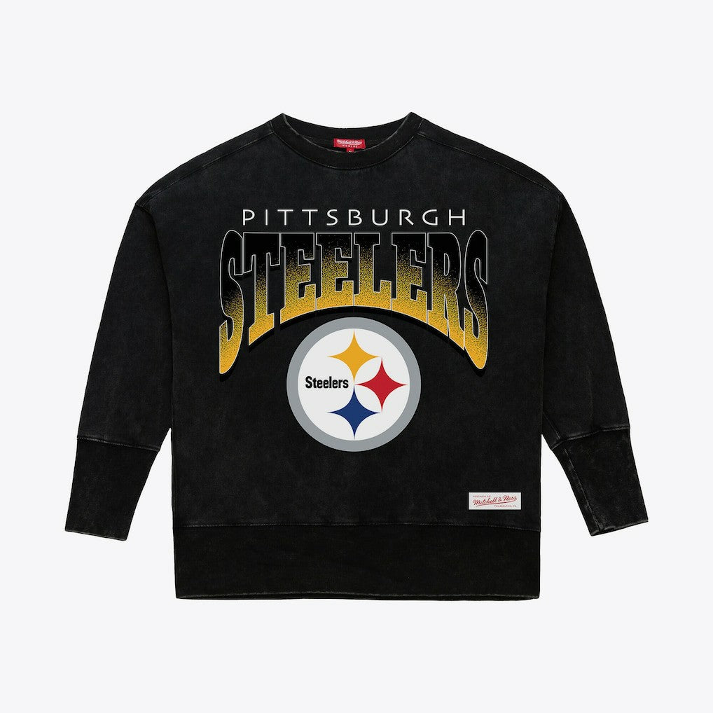 Pittsburgh Steelers Women's Delineate Mineral Wash Crewneck Sweatshirt Black | Mitchell & Ness
