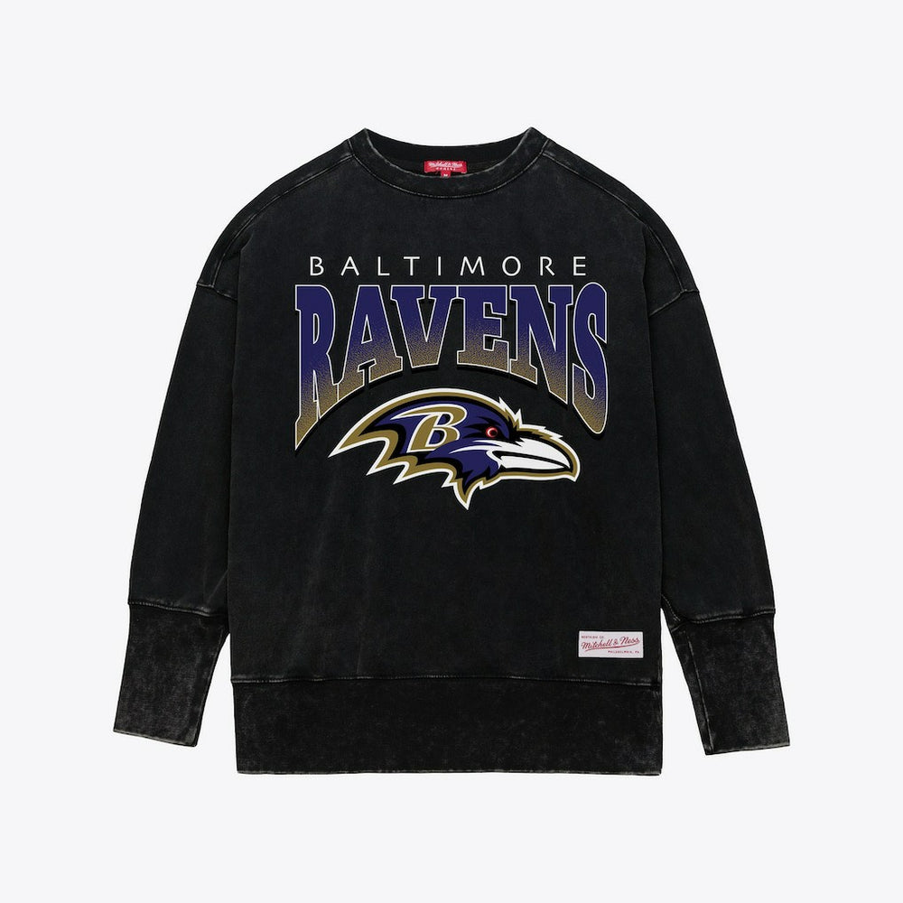 Baltimore Ravens Women's Delineate Mineral Wash Crewneck Sweatshirt Black | Mitchell & Ness