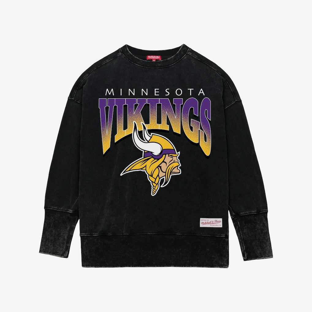 Minnesota Vikings Women's Delineate Mineral Wash Crewneck Sweatshirt Black | Mitchell & Ness