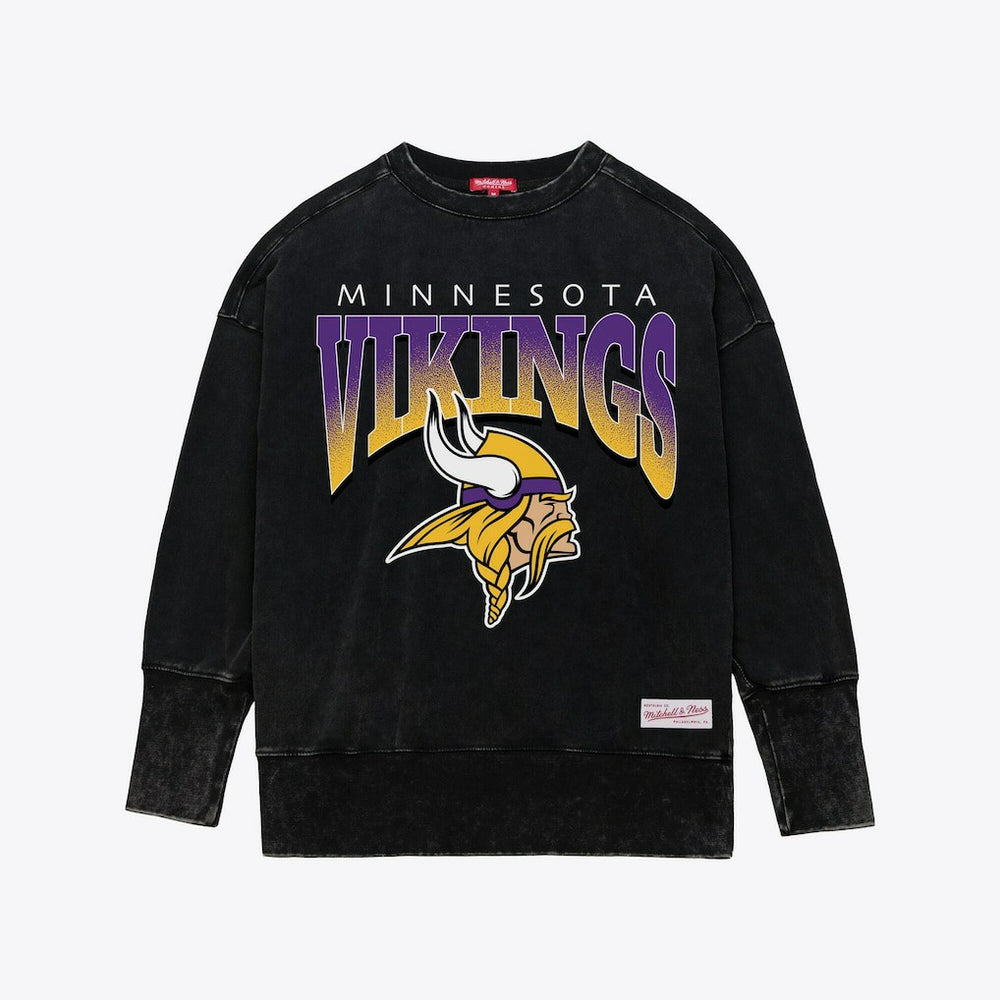 Minnesota Vikings Women's Delineate Mineral Wash Crewneck Sweatshirt Black | Mitchell & Ness