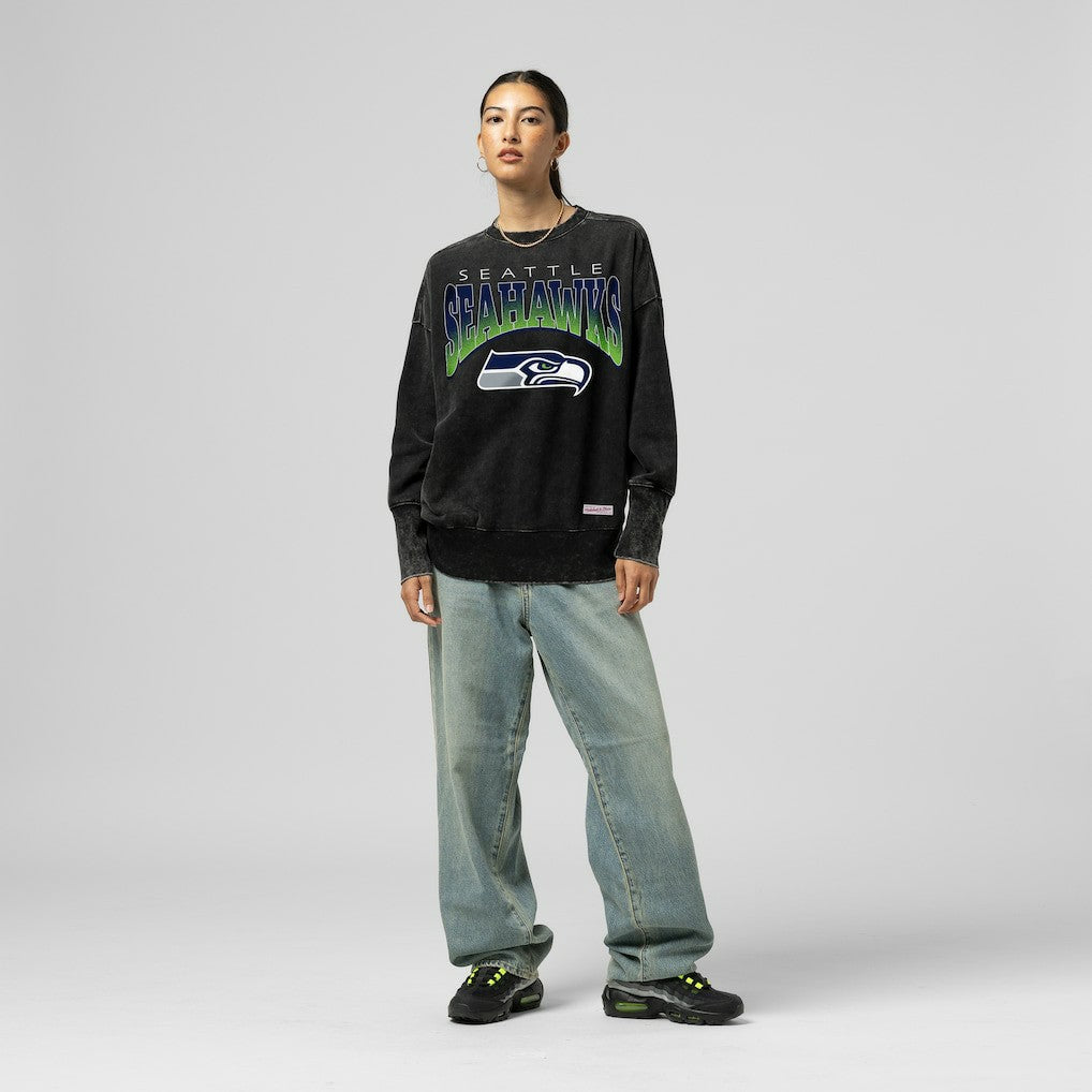 Seattle Seahawks Women's Delineate Mineral Wash Crewneck Sweatshirt Black | Mitchell & Ness