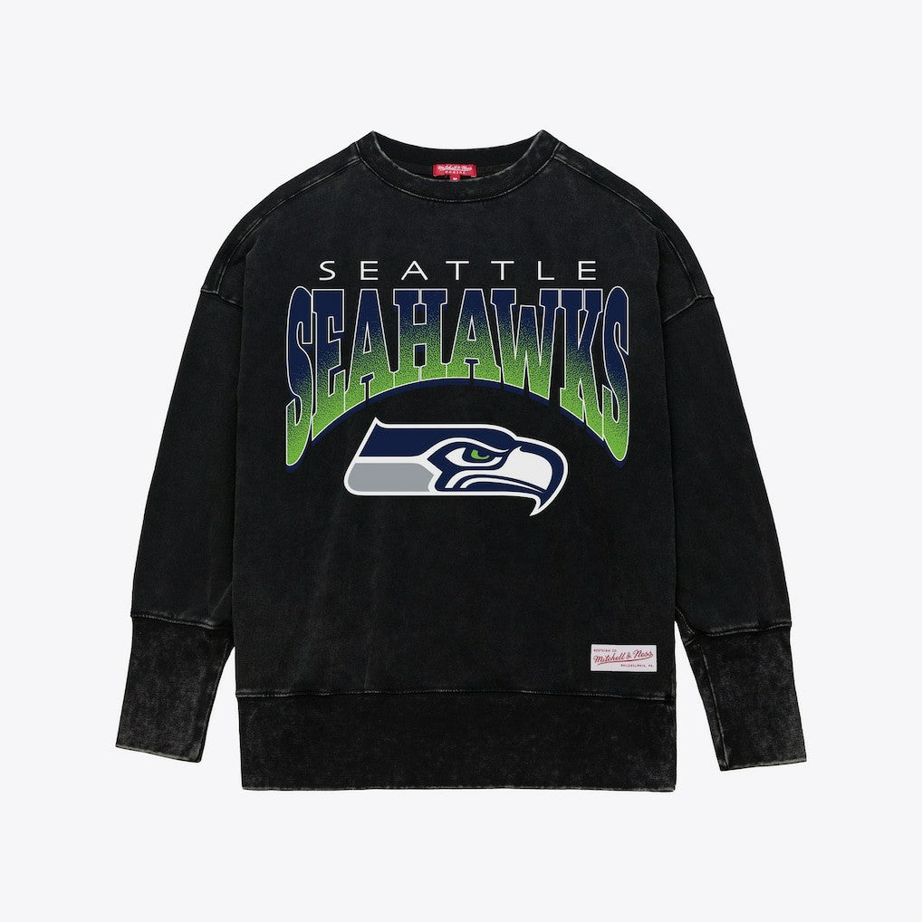 Seattle Seahawks Women's Delineate Mineral Wash Crewneck Sweatshirt Black | Mitchell & Ness