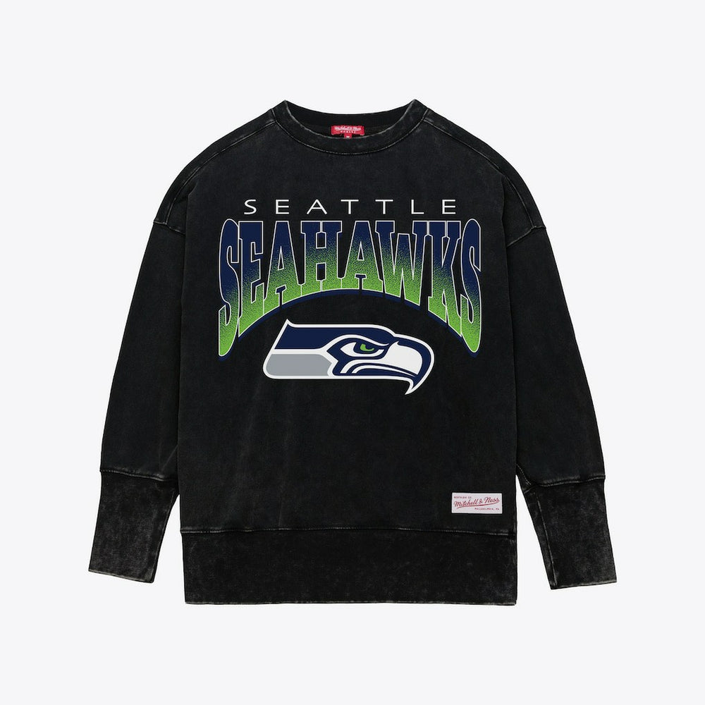 Seattle Seahawks Women's Delineate Mineral Wash Crewneck Sweatshirt Black | Mitchell & Ness